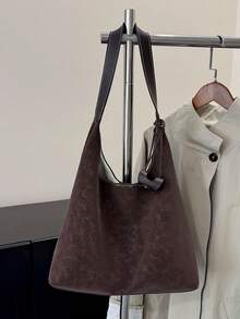 1pc Women's Fashionable Commuter Solid Color Shoulder Bag, Portable Versatile Large Capacity Hobo Bag, Suitable For Dates, Shopping, Gifts, Work - Coffee - View 10