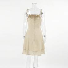 New Spring/Summer Resort Style Cotton Linen Camisole Dress For Women, Girlish Fit, Double Layer Khaki A-Line Skirt - Màu Khaki - Xem 4