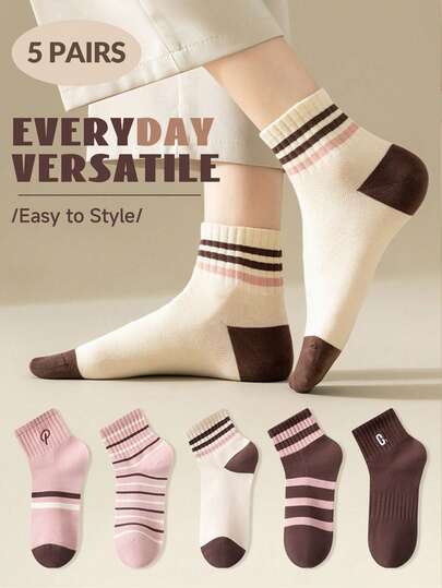 5 Pairs Women's Striped Letter Socks, Breathable Ankle/Crew Socks, Invisible Socks, White Socks, Pink Socks, Sports Socks, Student Socks, Soft And Comfortable, Suitable For Daily Casual Wear, All Seasons