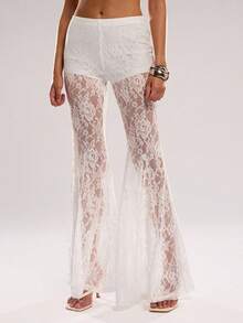 Women's Floral Lace Bell Pant Mesh See Through Flare Bottom Leggings Hollow Out Mesh Cover Up Trousers - trắng - Xem 5
