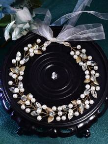 1pc Elegant Silver Flower Handmade Pearl Bridal Sash, Organza Ribbon Waist Belt Suitable For Women's Evening Gown, Wedding Dress, European And American Fashion Waist Cincher - Silver - View 12