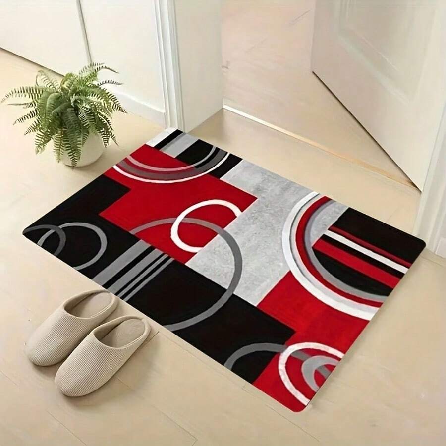 1pc Modern Geometric Pattern Soft Doormat, Red, Black And Gray - Durable, Suitable For Living Room Or Kitchen, Kitchen Mat, Kitchen Carpet, Kitchen Rug, Doormat, Small Rug, Carpet, Runner, Rug, Home Decor, Area Rug, Outdoor Mat, Home Decor, Area Carpet, Bedroom Carpet, Washable Rug - Multicolor - View 1