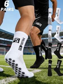 1/3/6 Pairs Men Football Socks, Short Tube Thicken Terry Low Long Tube Couples Non-Slip Socks, Mid-Calf Sport Socks, Fall - Black and White - View 1