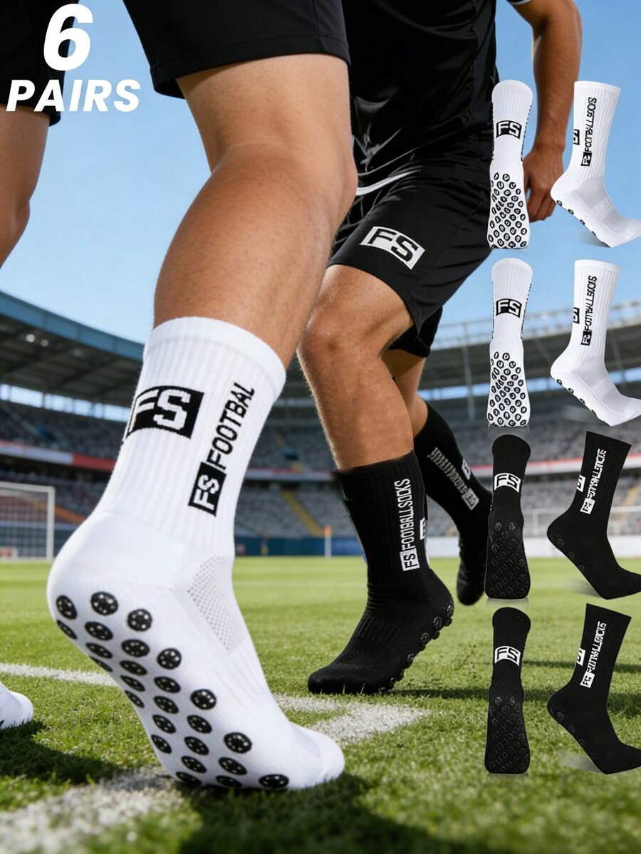 1/3/6 Pairs Men Football Socks, Short Tube Thicken Terry Low Long Tube Couples Non-Slip Socks, Mid-Calf Sport Socks, Fall - Black and White - View 1