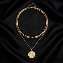 Vintage Punk Compass Double Necklace: Distressed Gold Chain + Compass Element, Punk Party/Alt-Culture Outfits, Alt-Girls' New Year Vibe Jewelry - 金色 - 查看 7