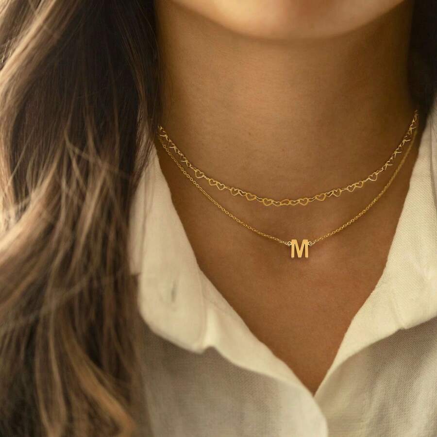 Set de 2 collares con colgante de letra y corazón de acero inoxidable para mujeres - Amarillo Oro - Ver 1