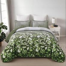 3 Pieces  Olive Green Quilt Set Queen King Size, Botanical Leaves Printed Bedspread Bedding Set, Microfiber Floral Coverlet Bedding Set For Wedding Items, Valentines Day Home Bed Room Decor, Mothers Day Gift, All Season - Màu xanh Ô liu - Xem 6