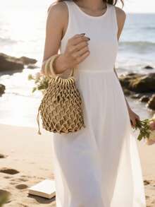 镂空渔网手提包，时尚都市托特包，迷你个性化钱包，时尚女士配饰 - 卡其色 - 查看 2