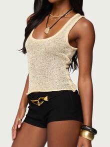 Women's Sequin Tank Tops Square Neck Sleeveless Knit Crop Top Summer Basic Shirts Sweater Vest - 米色 - 查看 2