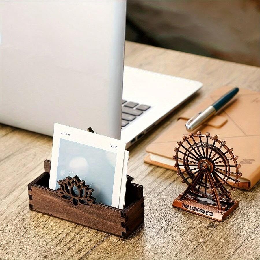 Fashionable Wooden Business Card Holder, Lotus Shape | Desktop Business Card Display Stand | Office Storage And Organization Decoration Item | Ideal Gift For Both Home And Workplace - Brown - View 1