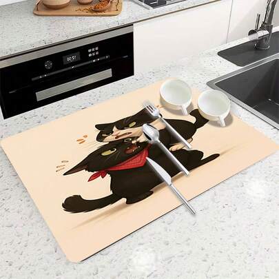 1pc Angry Cats Design Silicone Countertop Mat, Washing Machine & Dryer Top Protector Pad, Absorbent, Anti-Slip, Suitable For Laundry Room, Bathroom, Home Decor