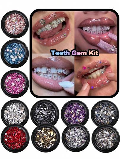 27pcs Cute Colorful Geometric Pattern Tooth Gems Set, Luxury DIY Tooth Shiny Decor Faux Rhinestone, Minimalist Style Fashion Tooth Jewelry, For Daily, Party, Gift (Excluding Glue)