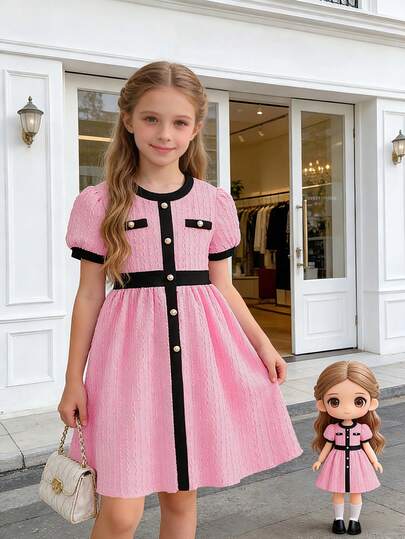 8-12岁女童清新优雅连衣裙，仿珍珠口袋装饰撞色设计，适合日常穿着、亲子聚会、公园漫步、夏季等场合。