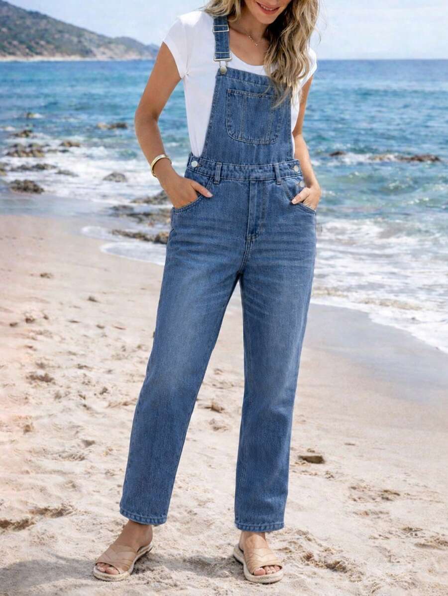 欧美时尚宽松蓝猫须印花无袖长款牛仔哈伦裤女舒适春夏