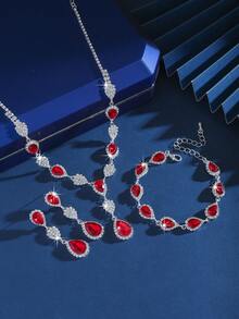1 Set Copper Material Sparkling Crystal + Inlaid Teardrop Gemstone Necklace Set (Necklace + Earrings + Bracelet), Fashionable Accessory - 1662796 Red Suit - View 2