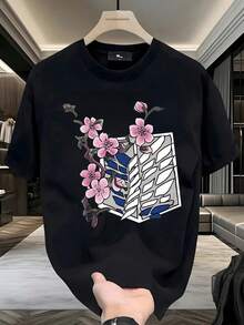 Playera Hombre, estampado , flores de cerezo, estilo anime japonés, look casual, para fanáticos de anime, outfit diario, moda urbana,  2026, viral  México, manga corta, regalo para hombres,playera de hombre,ropa de hombre,playeras,parejas,envio nacional,regalo para hombre,oversize hombre. - Negro - Ver 1