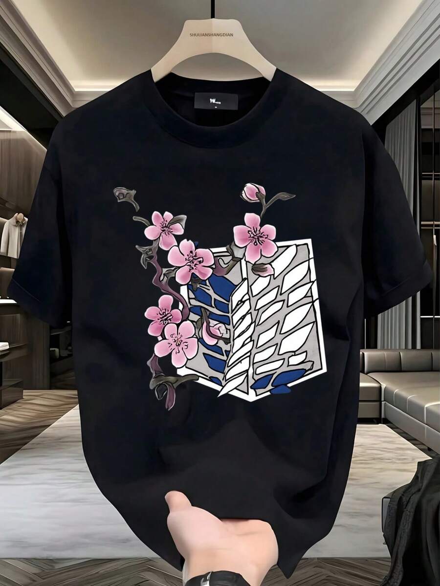 Playera Hombre, estampado , flores de cerezo, estilo anime japonés, look casual, para fanáticos de anime, outfit diario, moda urbana, 2026, viral México, manga corta, regalo para hombres,playera de hombre,ropa de hombre,playeras,parejas,envio nacional,regalo para hombre,oversize hombre. - Negro - Ver 1
