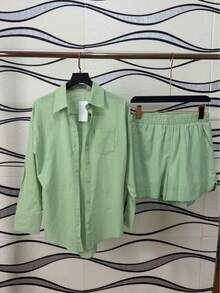 Two-Piece Linen Shirt And Shorts Set, Lined With Elastic. Summer Vacation: Perfect For Celebrating Christmas, New Year's Eve And New Year In Brazil! - 淡綠色 - 查看 2