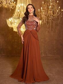 UNITHORSE 女士优雅立领长袖串珠亮片网纱雪纺长款晚礼服婚纱春季 - 橘色 - 查看 4