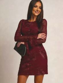 Rochie elegantă de petrecere pentru femei, cu imprimeu floral și mâneci tip trompetă cu imprimeu floral 3D, vară - Burgundia - Vizualizare 4