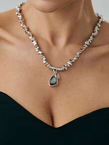 Irregular CCB Beaded Collar Necklace - Fashionable Metal Cross-Style Layered Long Necklace&Bracelet & Ring - Silver - View 4