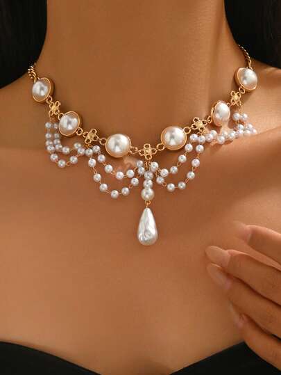 1 st. trendigt elegant halsband med tofsar i konstpärlor, charmigt ihåligt halsband med 4 kronbladsblommor, romantiskt brudsmycke, lämpligt för bröllop, fester, musikfestivaler, bröllopssäsongspresent