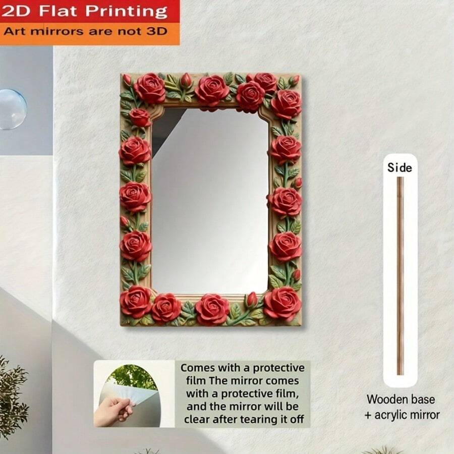 Floral Square Wooden Frame Wall Decor With Fashionable Acrylic Mirror, Suitable For Home Living Room, Bedroom, Studio, Patio, No Power Supply Needed, Ideal For Wedding, Christmas, Valentine's Day, Thanksgiving And Other Holiday Gifts And Decorations. Please Peel Off The Protective Film Before Use. - LQ - View 1