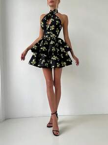 Women's Lemon Print Sexy Cute Elegant Criss-Cross Backless Mini Dress, Suitable For Daily Wear, Dating, Commuting, Holidays, Parties, Street Photography And Various Occasions - Black - View 8