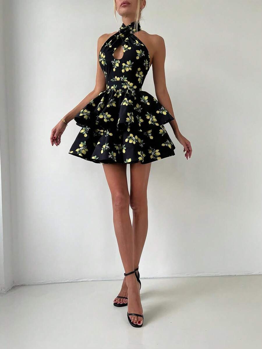 女士柠檬印花性感可爱优雅交叉露背迷你连衣裙，适合日常穿着、约会、通勤、度假、派对、街拍及各种场合，黑色派对夏季款 - 黑色 - 查看 1