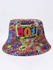 1顶磁带波普艺术眼睛印花涤纶双面渔夫帽，复古派对街头风，防紫外线，春夏复古迪斯科收音机装饰，男女通用 - 彩色 - 查看 14