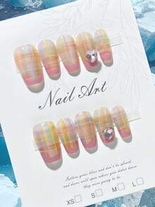 1 pieza de arte de uñas de aplicación manual, colores arcoíris, patrón a cuadros, decoración con cristales en forma de corazón, uñas cortas, uñas cuadradas, uñas para el Día de San Valentín, alta calidad, reutilizable, apto para uso diario y días festivos. Suministros para uñas - Multicolor - Ver 1