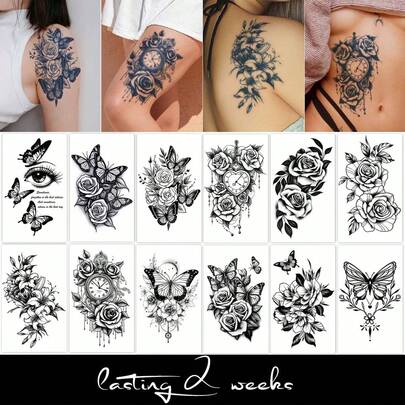 Herbal Juice Semi-Permanent Minimalist Tattoos - Realistic Butterfly-Shaped Clock With Floral Patterns. Suitable For Valentine's Day, Carnival. Gift For Parties. Non-Fading And Non-Reflective. Suitable For Shoulders, Neck, Arms, Waist, Abdomen, Legs, Collarbones. Waterproof Tattoo Stickers. 1 Pack.