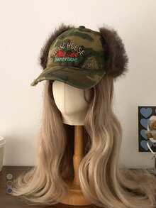 复古格纹仿毛皮豹纹融合棒球帽 - Y2K 亚文化，保暖毛绒护耳棒球帽，男女皆宜的格纹毛绒街头风棒球帽，秋冬款 - 彩色 - 查看 2