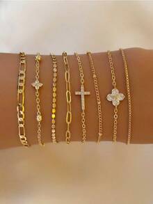 8pcs Elegant Cubic Zirconia Cross & Clover Decor Bracelet Set, Multi-Layer Stackable Bracelets For Women, Daily, Party Jewelry, Best Gift For Holidays (Random Bead Quantity) - 黃金 - 查看 6