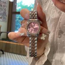 NASIR 1pc Popular High Aesthetic Gold Strap With Full Diamond Dial, Multifunctional Waterproof Light Luxury Women's Watch - 粉色 - 查看 1