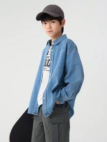 Balabala Kids' Denim Long Sleeve Shirt, Crisp Fabric, Casual School Style - Denim Light Blue - View 4