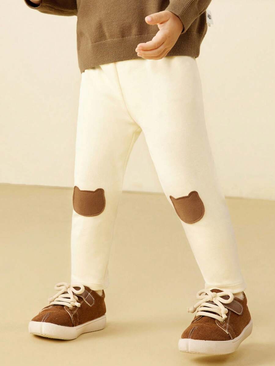 mini bala Baby Girl Cartoon Bear Print Thermal Leggings, High Stretch Warm Pants For Winter - Vanilla White - View 1