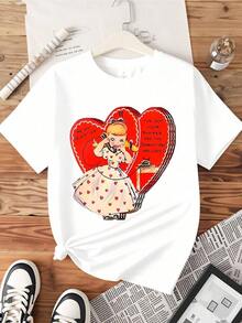 Valentine's Day Heart T-Shirt For Girls, Cute Retro Design For Valentine's Day, Graphic Tee With Funny Love Message For Women - White - View 3