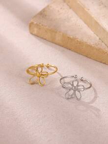 精致简约镂空花朵戒指，男女皆宜，金色不锈钢花瓣戒指，婚礼情侣时尚日常派对礼物 - 1 - 查看 6