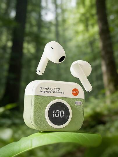 复古蓝牙耳机，相机造型设计，无线稳定连接，高清音质，强劲低音，内置麦克风方便通话。适用于露营、旅行、户外运动、健身、嘻哈音乐、游戏等多种场景。兼容智能手机，附赠腕带。