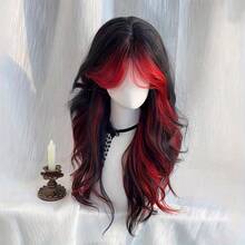 Black Wig Green Highlights Long Wavy Wig With Curtain Bangs 26 Inch Ombre Black To Green Wig Synthetic Heat Resistant For Women Daily Party Halloween Cosplay - 挑染紅色 - 查看 1