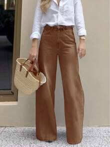 Nouveau style européen et américain automne/hiver Jeans en denim délavé à jambes larges, mode décontractée, taille élastique pour femmes, printemps - Taupe - Voir 5