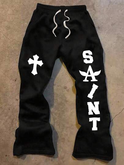 Pantalones anchos de estilo callejero con estampado de letras y cruces para hombres, de nueva llegada para primavera y verano. Pantalones casuales y deportivos de corte regular con cintura elástica y cordón, versátiles y de moda, talla grande.