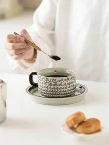 1pc Ceramic Latte Coffee Cup Set With Saucer, High-Quality Cute Couple Drinking Water Cup, Personalized Milk Mug, Creative Office Cup With Spoon - Multicolor - View 9