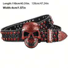[Subculture Punk Belt] Punk Style Rhinestone Skull Studded Denim Belt| 1pc Subculture Street Decoration - Đỏ - Xem 1