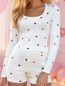 Women Summer 2 Piece Outfits Stylish Heart Print Long Sleeve Square Neck Tops And Mini Shorts Lounge Set - White - View 1