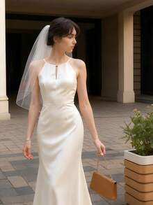 1件极简双层蕾丝边新娘头纱发夹，婚纱派对拍照配饰 - 白色 - 查看 6