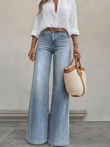 Quần jeans nữ ống đứng dáng casual, màu xanh cổ điển, thời trang, đa năng, thoải mái, thích hợp mặc hàng ngày, mùa xuân. - Màu xanh cổ điển - Xem 1