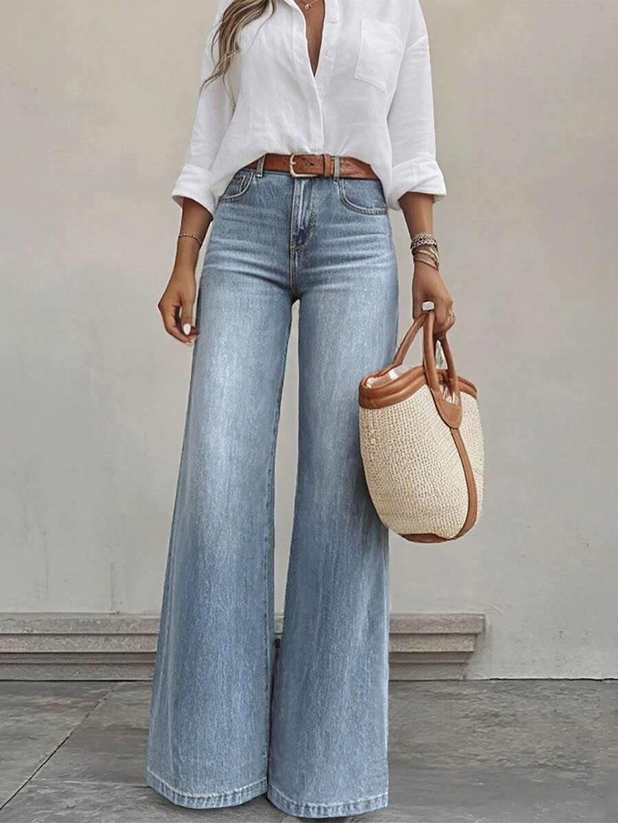 Quần jeans nữ ống đứng dáng casual, màu xanh cổ điển, thời trang, đa năng, thoải mái, thích hợp mặc hàng ngày, mùa xuân. - Màu xanh cổ điển - Xem 1