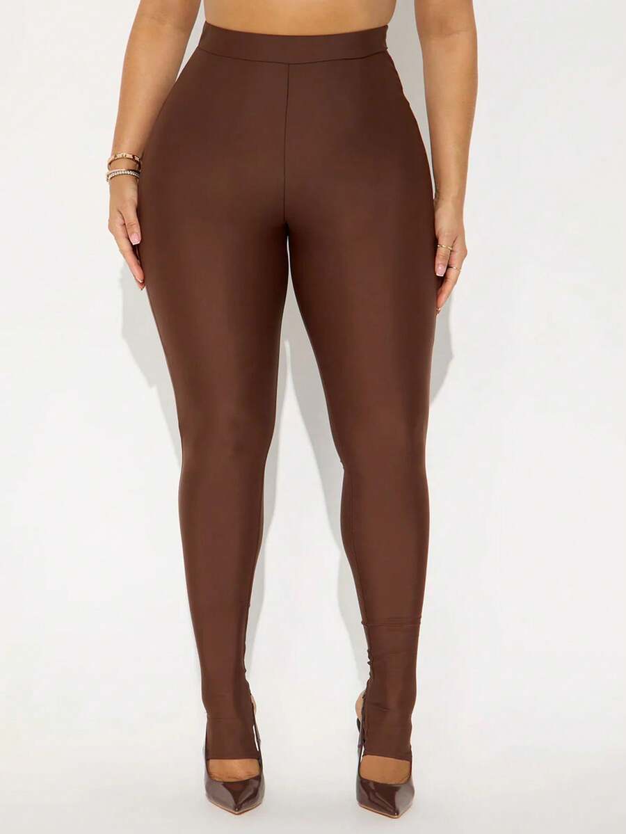 Trioutop Quần legging nữ cạp cao, màu trơn, kiểu dáng thường ngày, đa năng, thích hợp mặc hàng ngày, mùa xuân. - màu nâu - Xem 1